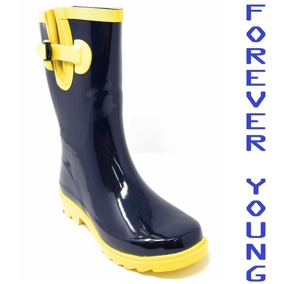 Women's Rainboots, MidCalf Rubber Rain Boots, #6046 Navy Yellow Size 11 - Picture 1 of 3
